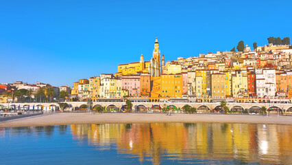 Fototapeta premium The colorful facade of the town of Menton, Mar 2024