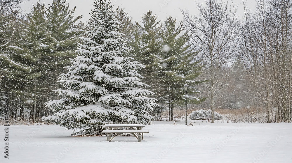 Poster peaceful snowy scene with pine trees and a park bench in winter wonderland : generative ai