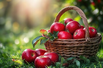 A basket full of apples is sitting on the grass