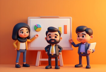 group of cartoon characters representing business meeting, showcasing teamwork and collaboration. characters are engaged in discussion with charts and graphs in background, conveying professional