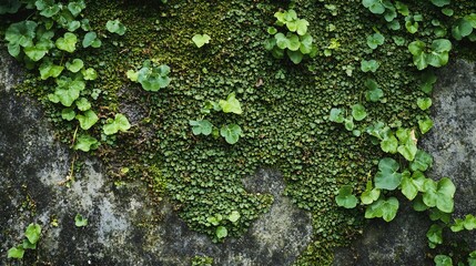 Closeup of vibrant green moss with fresh foliage growing on stone wall : Generative AI