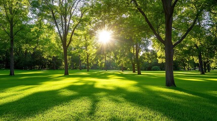 Sunlit green park with tall trees and lush grass depicting a vibrant summer day : Generative AI