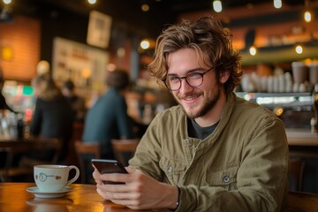 Young Male Enjoys Digital Detox at Cozy Coffee Shop