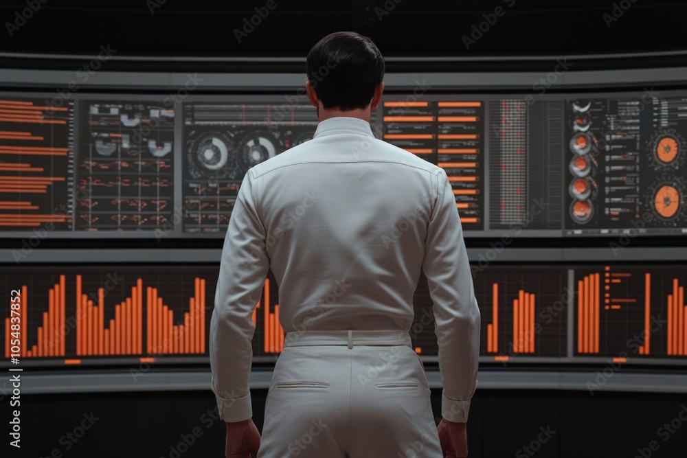 Poster exploring the future a man engaged with advanced technology in a control room environment