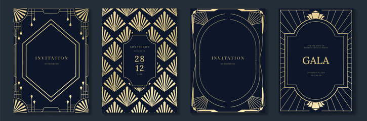Luxury gold invitation card design vector. Abstract geometry frame and Art deco pattern background. Use for wedding invitation, cover, VIP card, gala, print, poster and wallpaper. Vector illustration.
