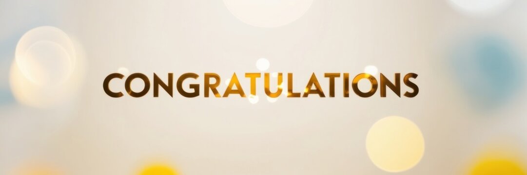 word Congratulations. The text reflects a soft glow, with a blurred bokeh background. Greeting card, website banner