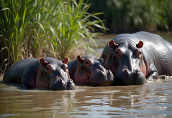 Candid image of three hippos relaxing in water, surrounded by lush greenery, showcasing their natural habitat and playful demeanor