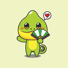 Chameleon with hand fan cartoon vector illustration.