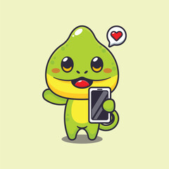 Chameleon with mobile phone cartoon vector illustration.