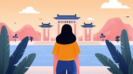 Obraz premium A Serene Journey Exploring Cultural Landmarks by the Water's Edge