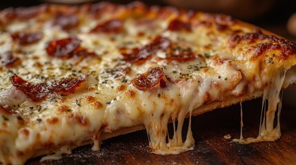 Closeup of Melted Cheese on Pepperoni Pizza Slice
