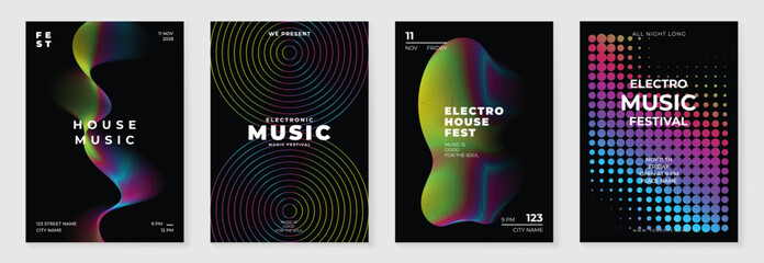 Music poster design background vector set. Electro Sound Cover template with vibrant abstract gradient geometric shape and line wave. Ideal design for social media, flyer, party, music festival, club.