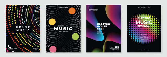 Music poster design background vector set. Electro Sound Cover template with vibrant abstract gradient geometric shape and line wave. Ideal design for social media, flyer, party, music festival, club.