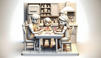 3D Candid Family Playing Cards Kitchen Table Smiles Competitive Interaction Joyful Playful Dynamics Isolated Icon White Background Family Moments Fun Togetherness