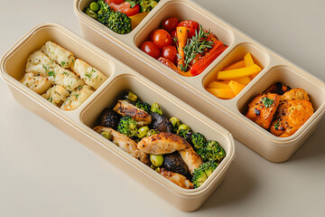 Two biodegradable, eco-friendly meal prep containers filled with a balanced portion of roasted chicken, potatoes, broccoli, edamame, bell peppers, cherry tomatoes, and grilled tofu