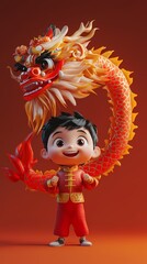 Fototapeta premium Traditional Chinese cartoon 3D boy and dragon dance illustration poster background