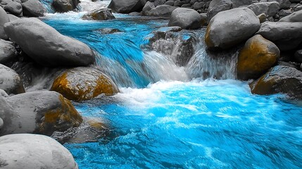Close-up of a blue crystal clear stream running through grayscale rocks and mountainous terrain, color splash on the water