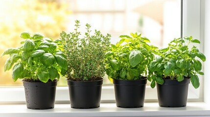 Fresh Herbal Plants in Pots on a Sunlit Windowsill