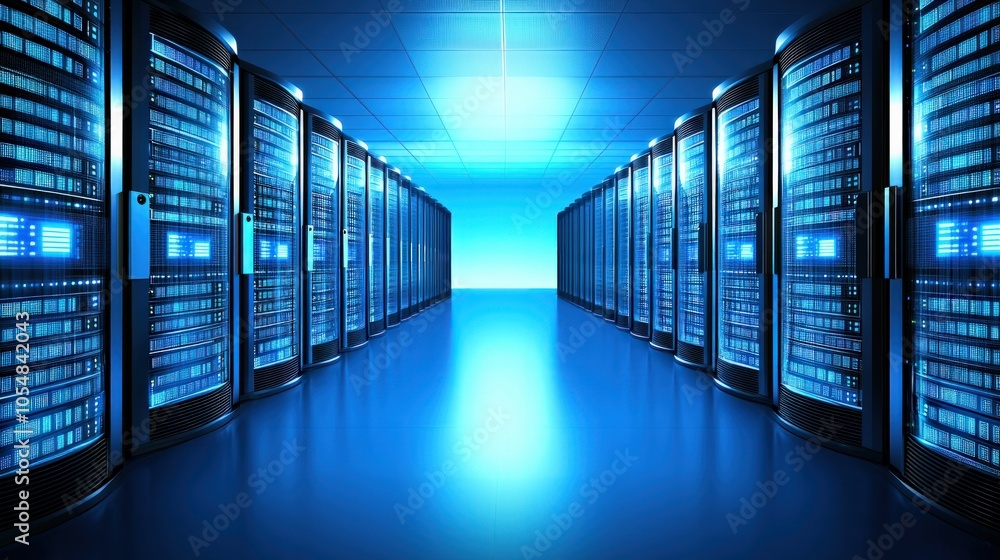 Poster exploring the advanced infrastructure of modern data centers illuminated in a blue hue