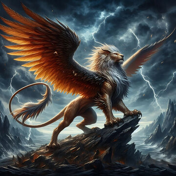 Fantasy landscape with an eagle on a rock and stormy sky