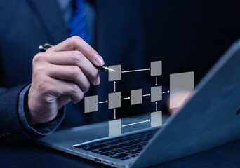 Businessman planning work, office concept hierarchical workflow process, flowchart layout, business...