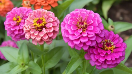 Fototapeta premium Vibrant zinnia flowers in shades of pink and coral, showcasing their intricate layers and lush green leaves in a beautiful garden.