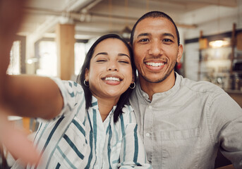 Date, love and selfie with couple in coffee shop together for bonding, relationship or romance. Hug, smile or social media with happy man and woman in restaurant for memories or profile picture