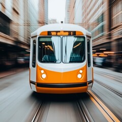 A modern tram moving through an urban environment with motion blur.