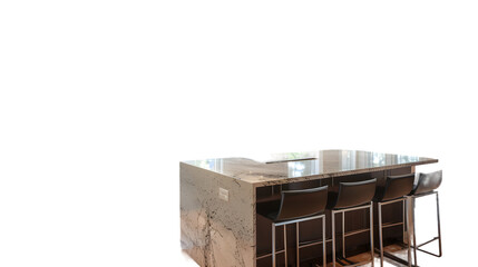 A modern kitchen with stainless steel appliances, a large island, and marble countertops, isolated on a white background