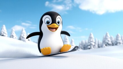 Obraz premium Cute Penguin Snowboarding on Gentle Slope