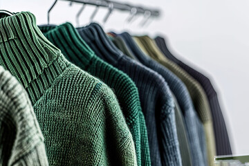 A row of sweaters hanging on a rack, with one of them being green