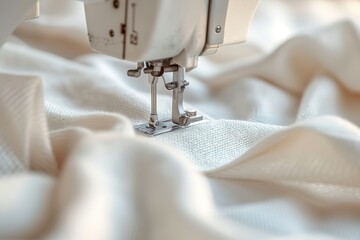 A sewing machine is in use on a white fabric