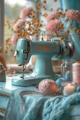 A blue sewing machine sits on a table with a vase of flowers and a jar of yarn