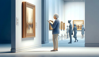 3D Candid Shot Elderly Woman Browsing Art Museum Gallery Thoughtful Engagement Cultural Enrichment Solitude Natural Image Painting Quiet Atmosphere Icon Isolated White Background