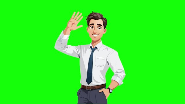 Animated character of a male office worker in a business suit who greets the viewer and waves his hand, on a green background chromakey, idea for promotional video, mascot