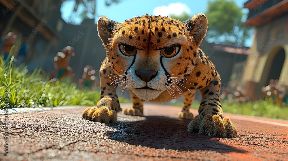 Poster cartoon style 3d rendering of an intense cheetah athlete crouched at the starting line of a track po