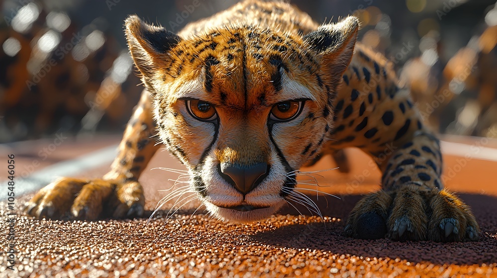 Poster a 3d cartoon style cheetah athlete crouched at the starting line on a track ready to sprint with int