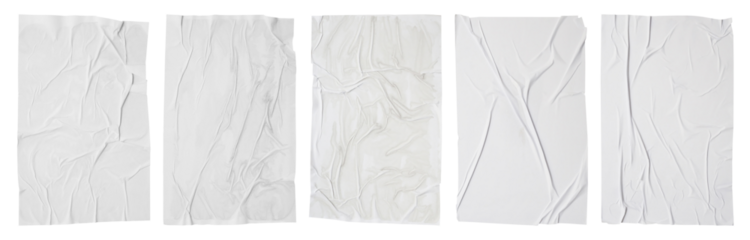 white crumpled and creased glued mockup paper poster template set isolated on black background
