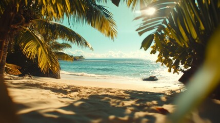 Fototapeta premium Bright Sunny Beach Scene with Palm Trees and Ocean View