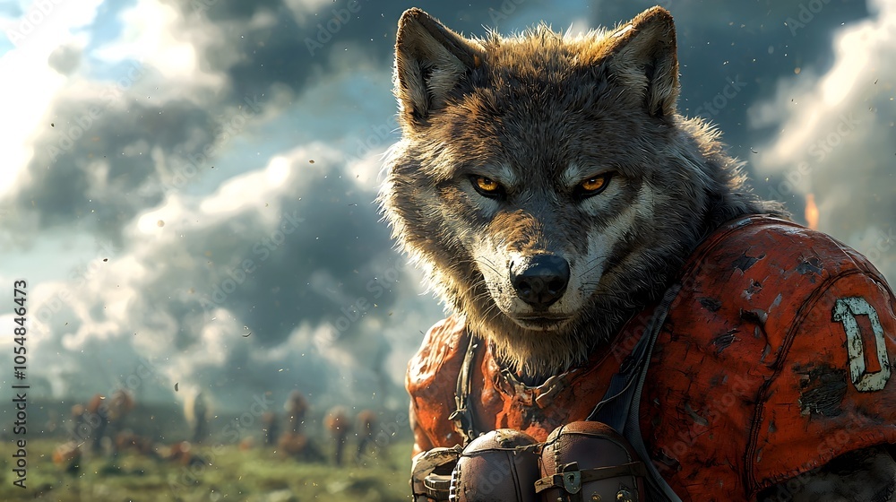 Poster ferocious 3d animated wolf character dressed as a football player focused and intense as it tackles 