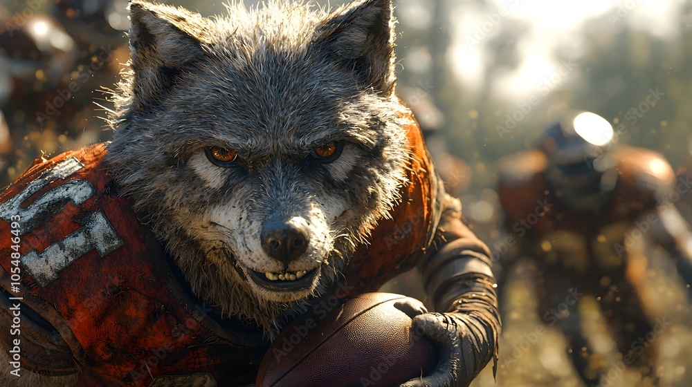 Poster a powerful 3d animated wolf character dressed in a football player s uniform focused and intense as 