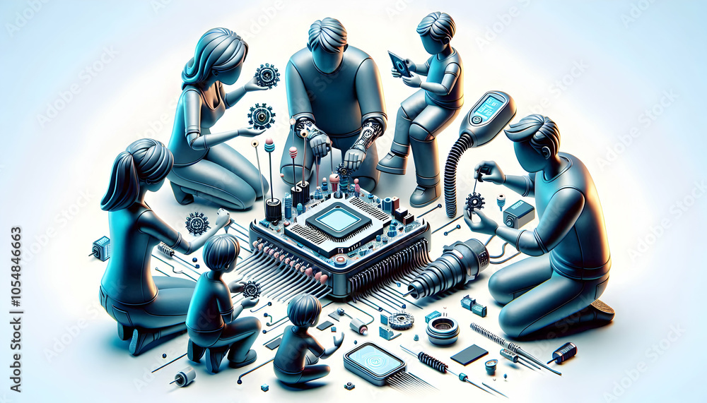 Poster 3d close up family assembling high-tech gadget micro components teamwork learning futuristic technol