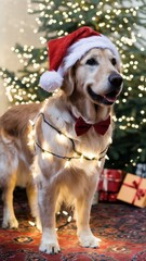 Festive Golden Retriever with Santa Hat, Bow Tie, and Christmas Lights