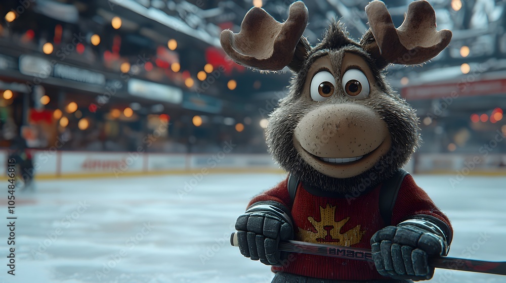 Poster cartoon style 3d of a moose character gripping a hockey stick with intense focus as it stands on an 