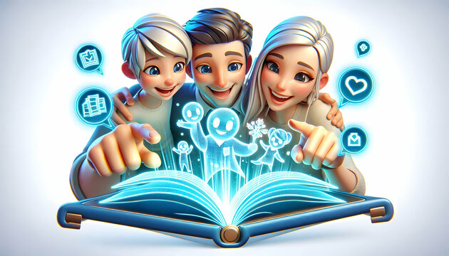 3D Family Faces Macro Shot Engaging Holographic Storybook Display Excitement Joy Connection Tech Enhanced Storytelling Experiences Icon Isolated White Background