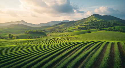 Obraz premium Uma plantação bem organizada com plantações verdes vibrantes se estende em direção a colinas distantes, unindo agricultura e natureza em uma paisagem rural cativante.