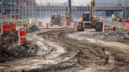 Construction vehicles and equipment line the perimeter of the site highlighting the scale of the transportation hub.