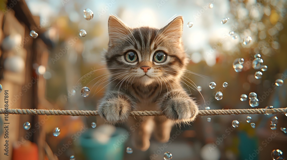 Poster cartoon style 3d of a cat character dressed as a gymnast performing a graceful and focused routine o