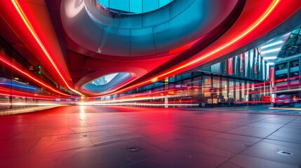 The interplay of light and shadows created by the light trails in a city plaza make for a captivating and dramatic image.