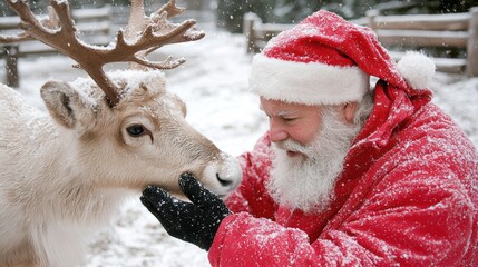 Santa Claus with Reindeer in Winter Wonderland